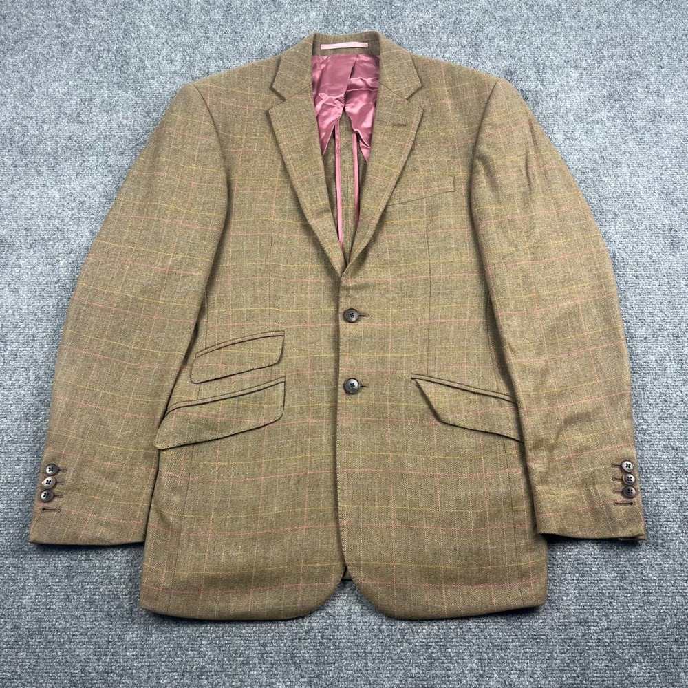 Charles Tyrwhitt Men 36R Wool Cashmere Tweed Windowpane Blazer Brown Unsructured
